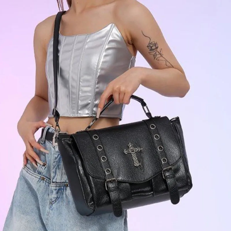 Retro Cross Black Messenger Gothic Dark Leather Casual Y2K Crossbody Shoulder Bag Halloween