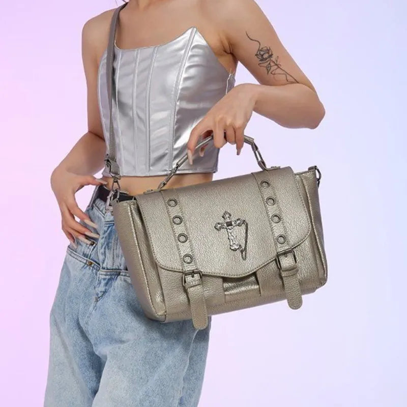 Retro Cross Black Messenger Gothic Dark Leather Casual Y2K Crossbody Shoulder Bag Halloween