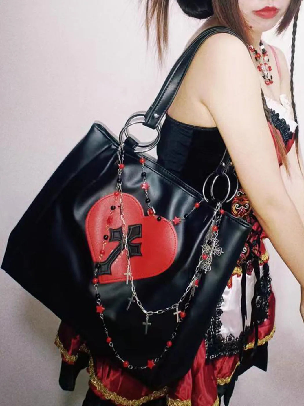Y2K Grunge Gothic Cross Pu Leather Large Capacity Vintage Tote Bag Black (Red Cross) Halloween Main image