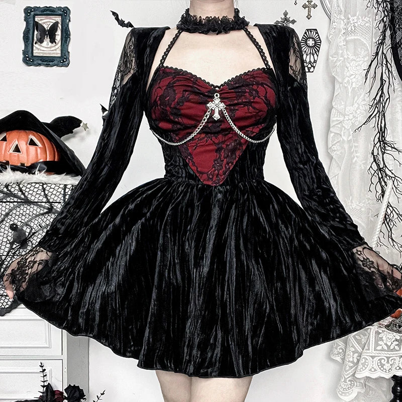 Red Lace Velvet Mini Dress