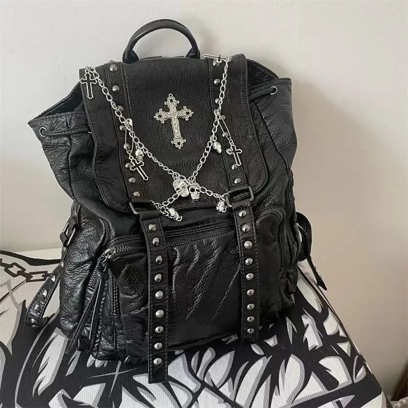 Goth Y2K Black Punk Rivet Chain Skeleton Fashion Women Backpack Bag / 40X35Cm Halloween Main image