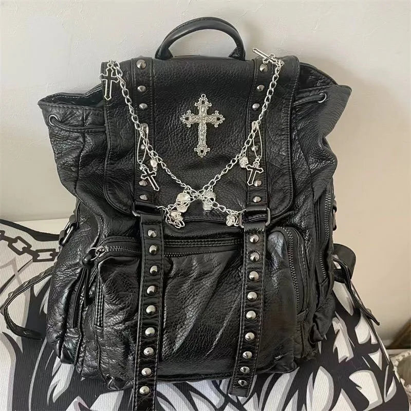 Goth Y2k Black Punk Rivet Chain Skeleton Fashion Women Backpack Bag Secondary image