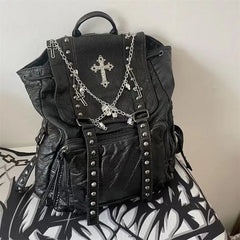 Goth Y2K Black Punk Rivet Chain Skeleton Fashion Women Backpack Bag / 40X35Cm Halloween