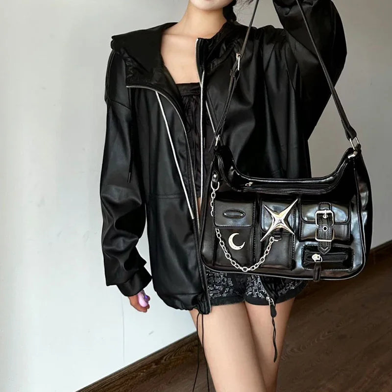 Y2K Harajuku Fashion Gothic Black Chains Casual Motorcycle Shoulder Bag Halloween Main image