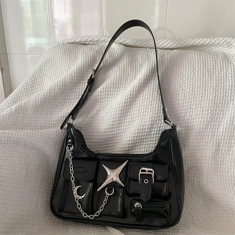 Y2K Harajuku Fashion Gothic Black Chains Casual Motorcycle Shoulder Bag Halloween