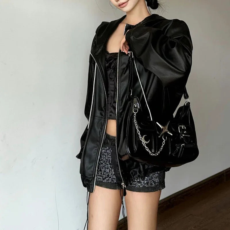 Y2K Harajuku Fashion Gothic Black Chains Casual Motorcycle Shoulder Bag Halloween