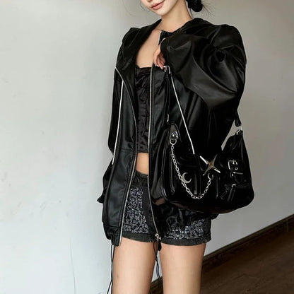 Y2K Harajuku Fashion Gothic Black Chains Casual Motorcycle Shoulder Bag Halloween