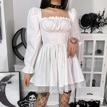 White Lace Puff Mini Dress