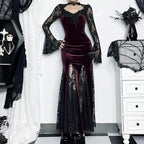 Patchwork Velvet Long Sleeve Midi Dress