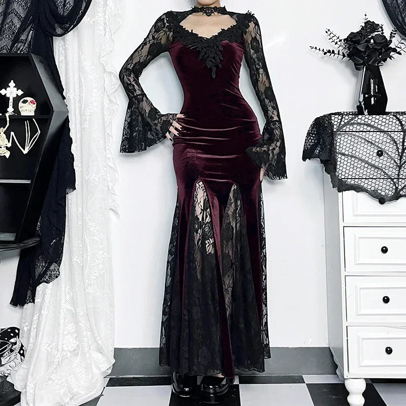Patchwork Velvet Long Sleeve Midi Dress