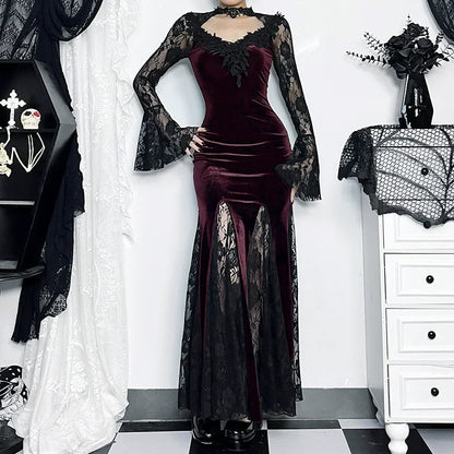 Patchwork Velvet Long Sleeve Midi Dress