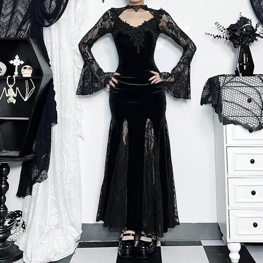 Patchwork Velvet Long Sleeve Midi Dress