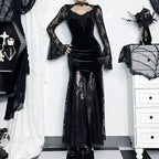 Patchwork Velvet Long Sleeve Midi Dress