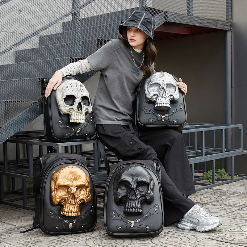 3D Embossed Skull Punk Rock Gothic Leather Rivets Laptop Travel Backpack Bag Halloween Main image