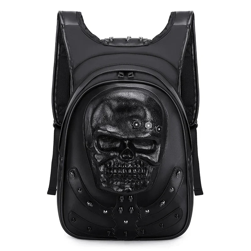 3D Embossed Skull Punk Rock Gothic Leather Rivets Laptop Travel Backpack Bag Brown Halloween