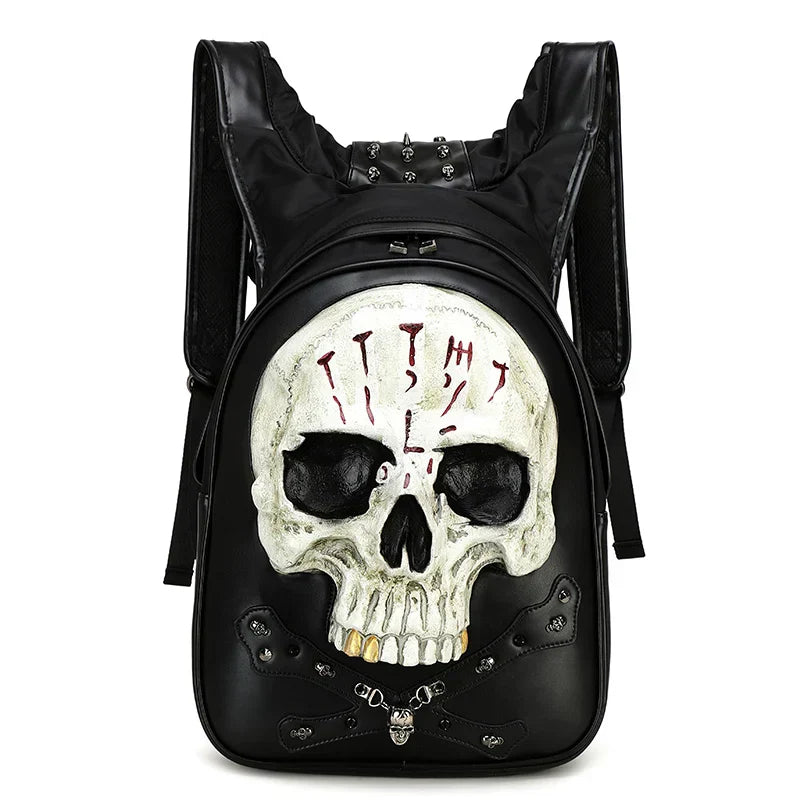 3D Embossed Skull Punk Rock Gothic Leather Rivets Laptop Travel Backpack Bag Black 2 Halloween