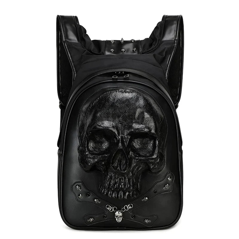 3D Embossed Skull Punk Rock Gothic Leather Rivets Laptop Travel Backpack Bag Black Halloween