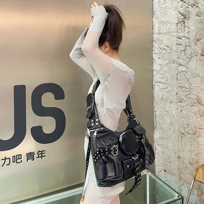 Luxury Designer Multiple Pockets Rivet Wide Strap Knot Shoulder Moto Bag Halloween Main image