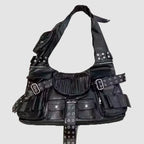 Luxury Designer Multiple Pockets Rivet Wide Strap Knot Shoulder Moto Bag Halloween