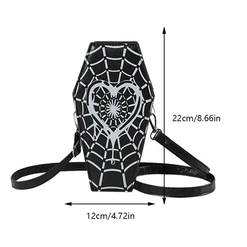 Novelty Halloween Gothic Coffin Shape Spider Web Sling Pu Leather Bag Black5