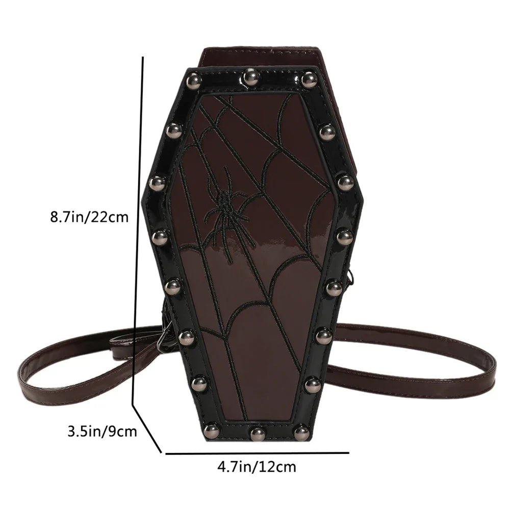Novelty Halloween Gothic Coffin Shape Spider Web Sling Pu Leather Bag Claret2