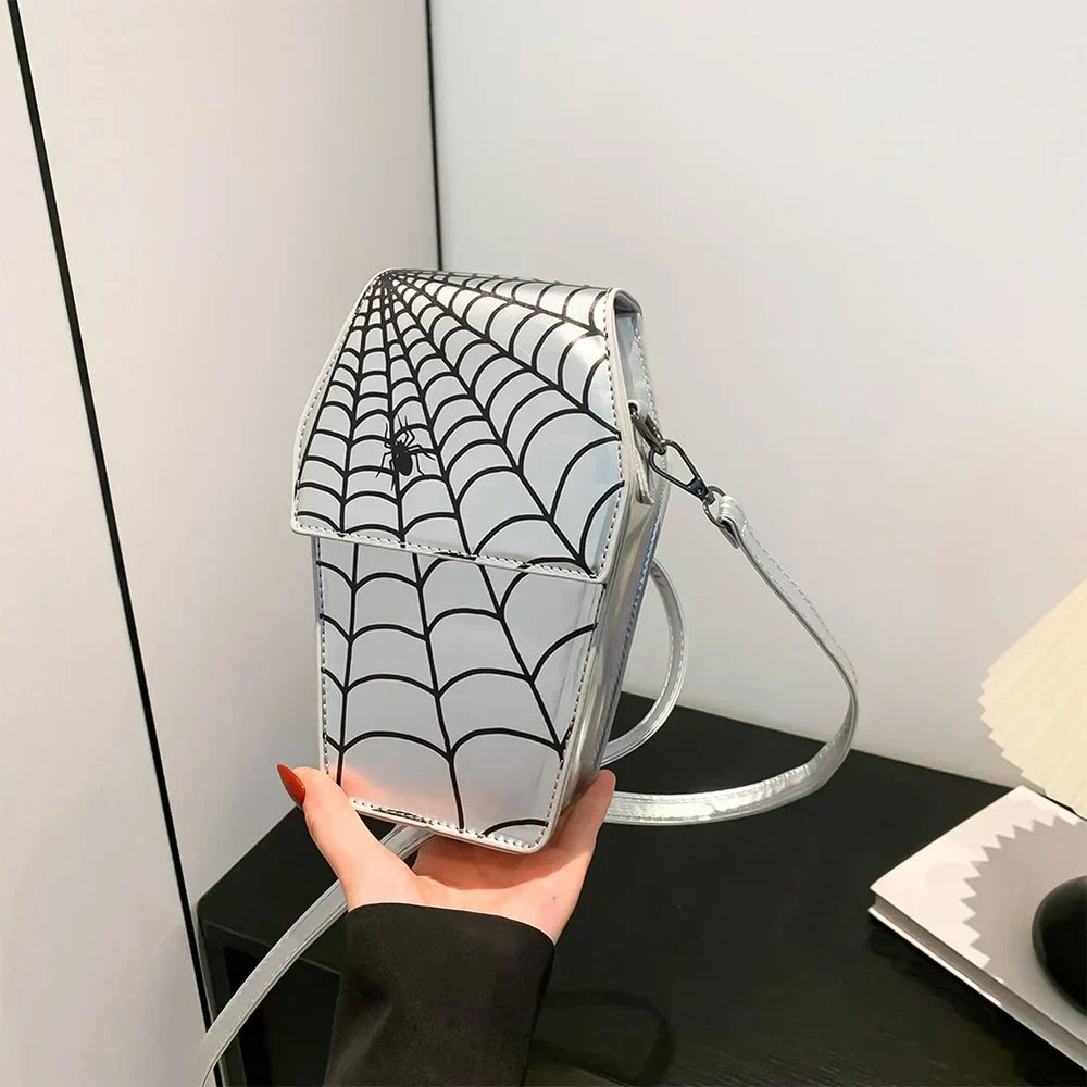 Novelty Halloween Gothic Coffin Shape Spider Web Sling Pu Leather Bag