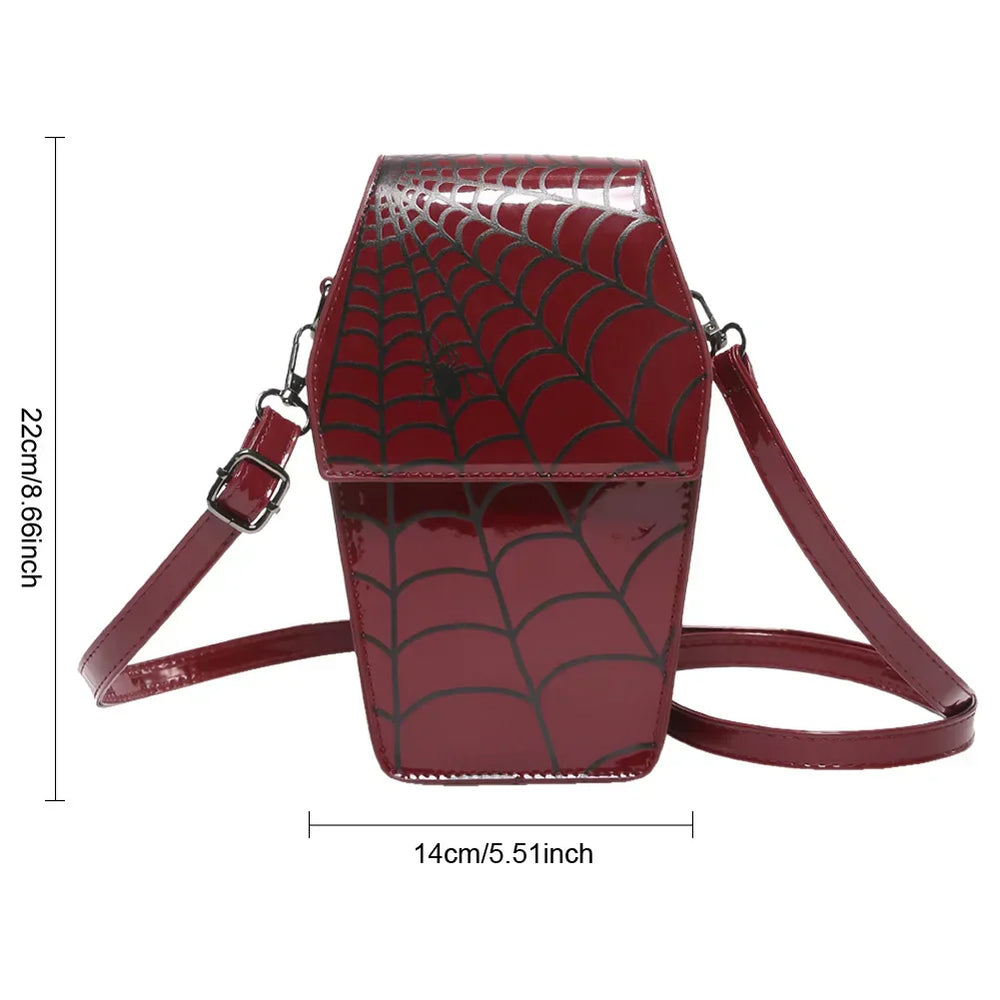 Novelty Halloween Gothic Coffin Shape Spider Web Sling Pu Leather Bag Red