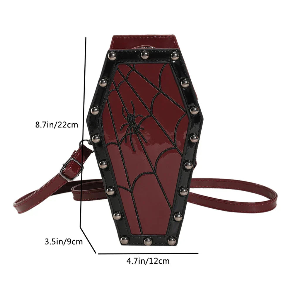 Novelty Halloween Gothic Coffin Shape Spider Web Sling Pu Leather Bag Red2