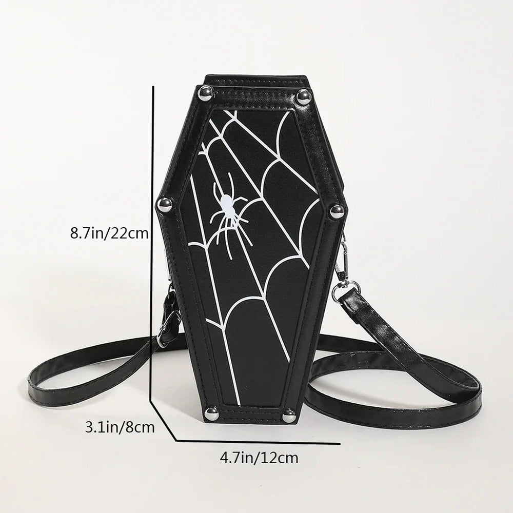 Novelty Halloween Gothic Coffin Shape Spider Web Sling Pu Leather Bag Black1