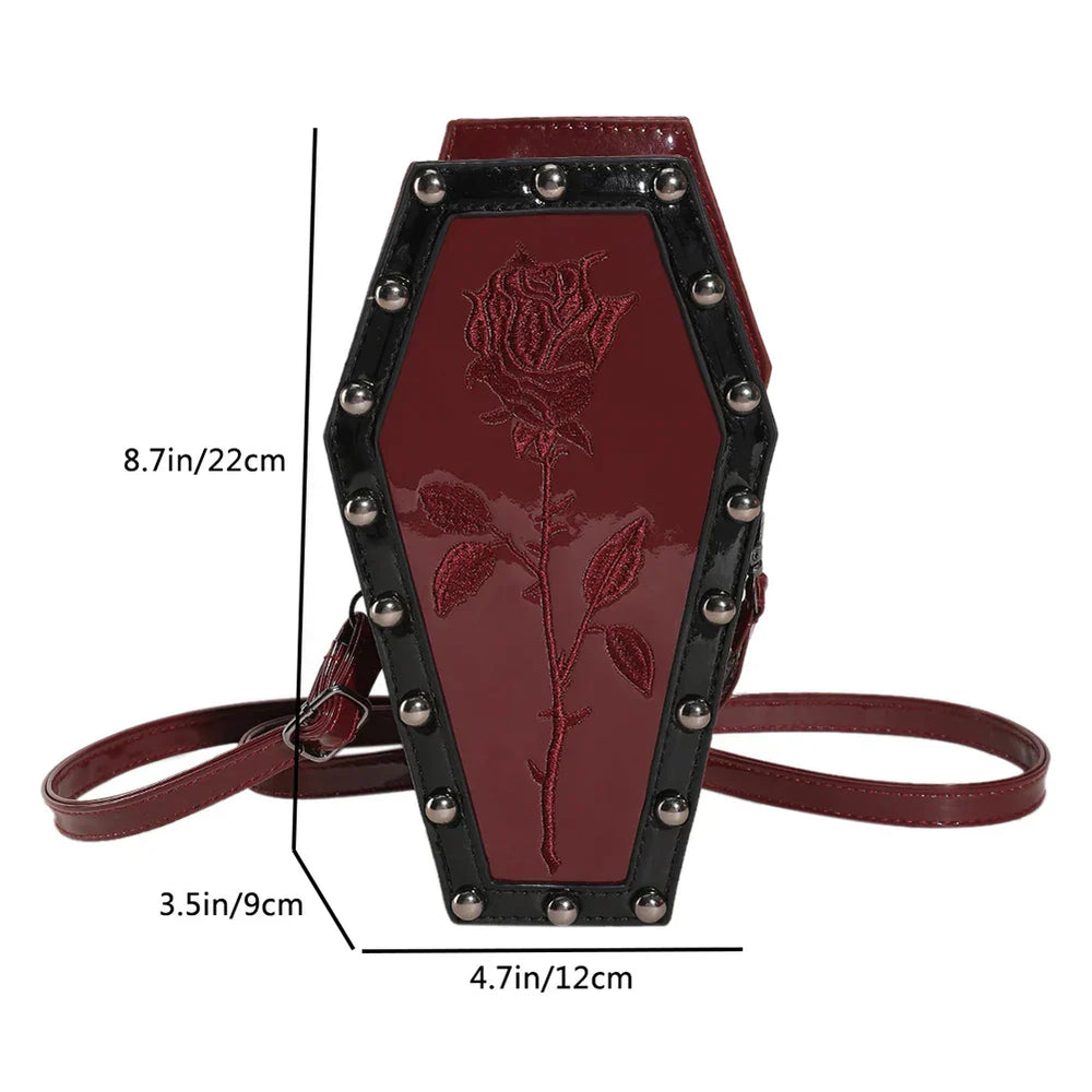 Novelty Halloween Gothic Coffin Shape Spider Web Sling Pu Leather Bag Red1