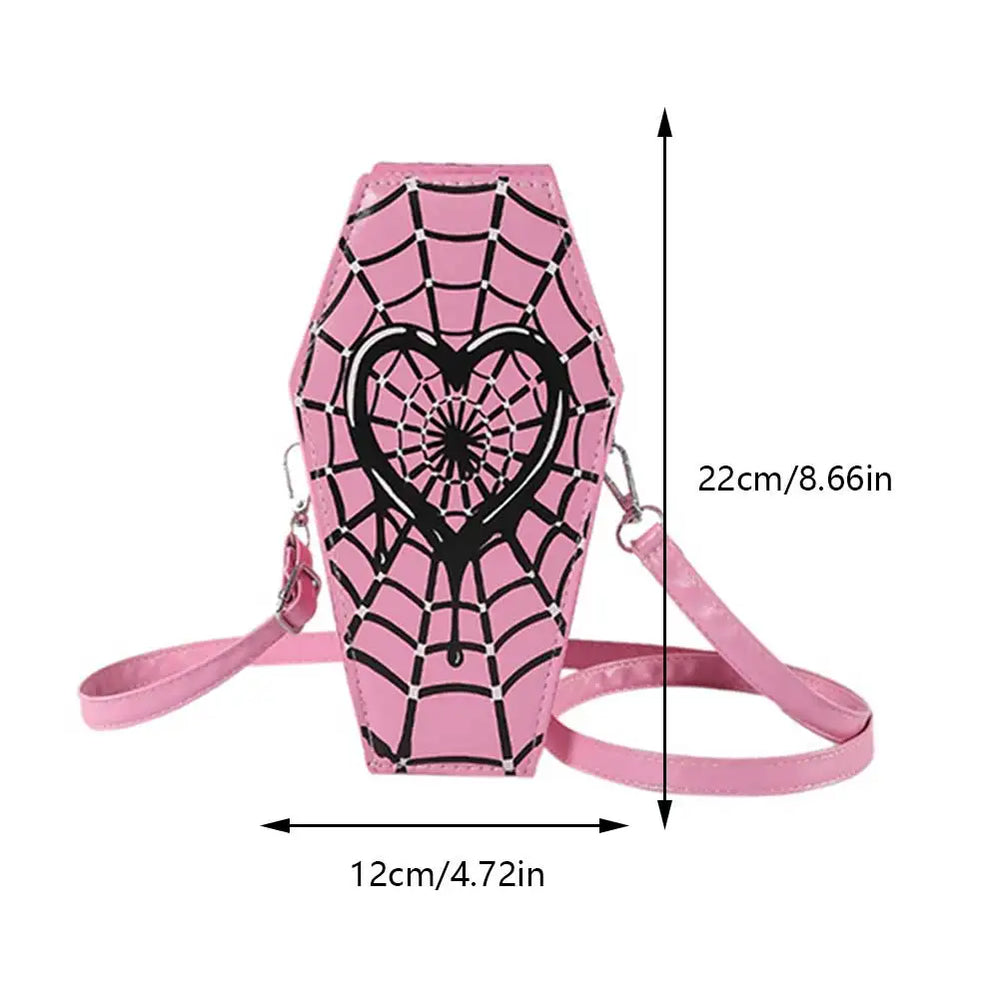 Novelty Halloween Gothic Coffin Shape Spider Web Sling Pu Leather Bag Pink1