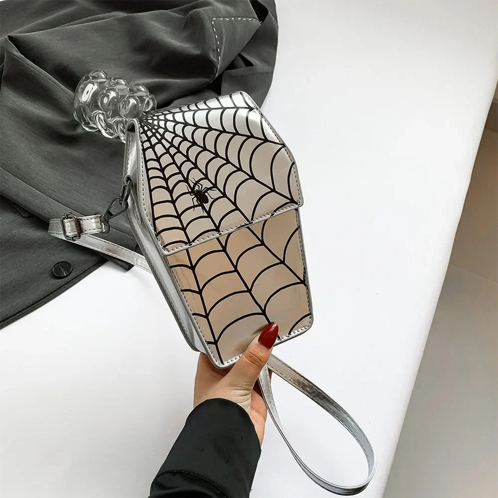 Novelty Halloween Gothic Coffin Shape Spider Web Sling Pu Leather Bag