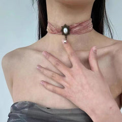 Baroque Vintage Silk Sheer Pearl Choker Necklace Halloween