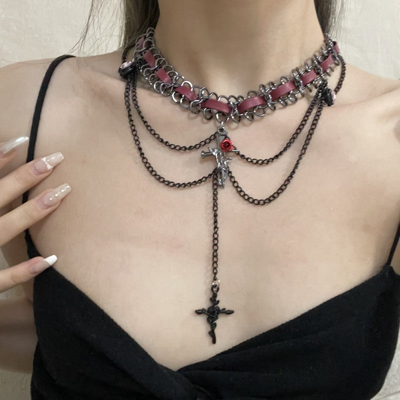 Dark Punk Heart Flower Cross Layered Necklace Halloween Main image