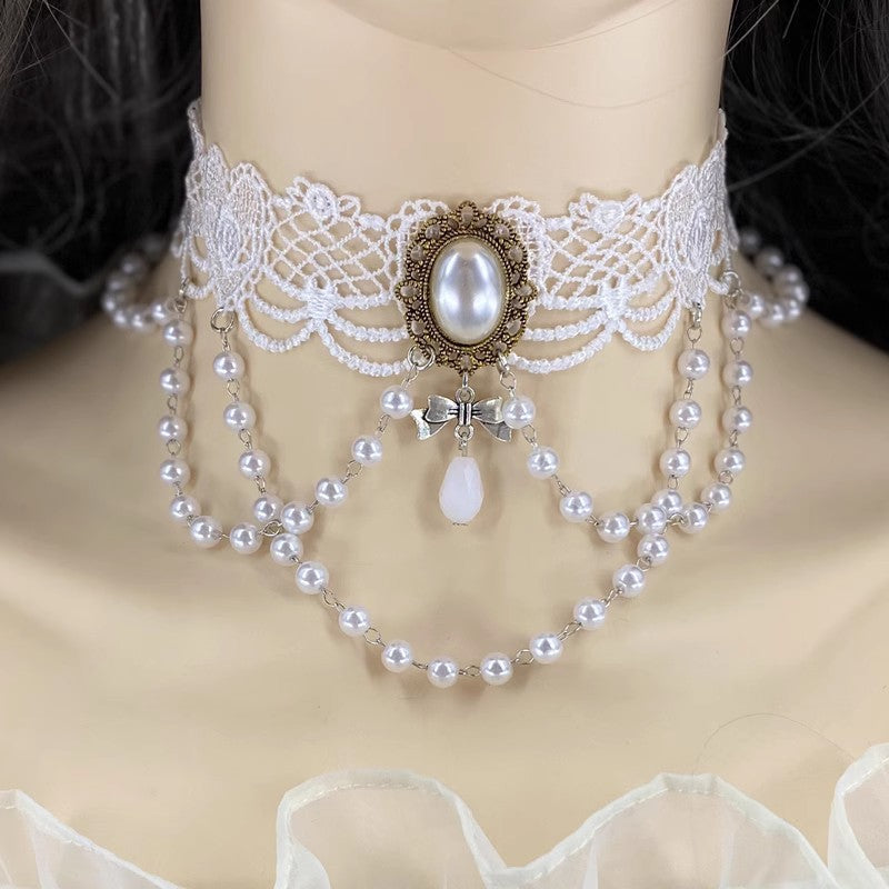 Gothic Retro Black Lace Tassel Collar Choker Necklace White Halloween