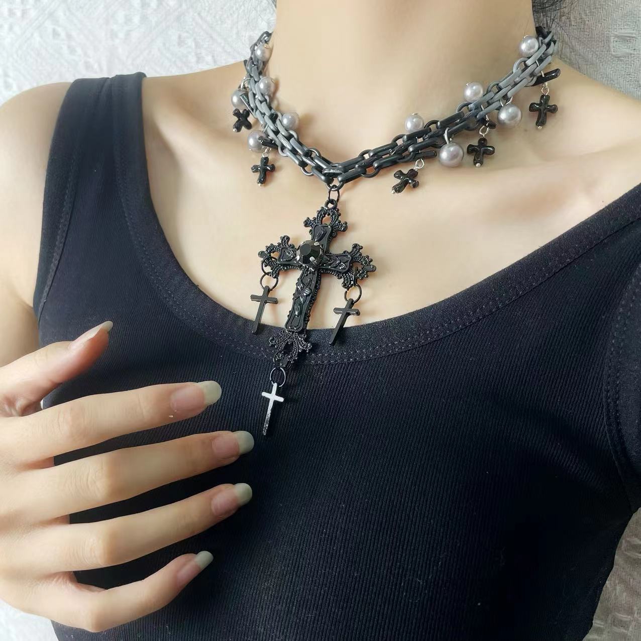 Gothic Sweet Punk Cross Tassel Pearl Hip-hop Necklace Secondary image