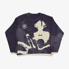 Grunge Horror Style Printed Relaxed-Fit Knit Sweater