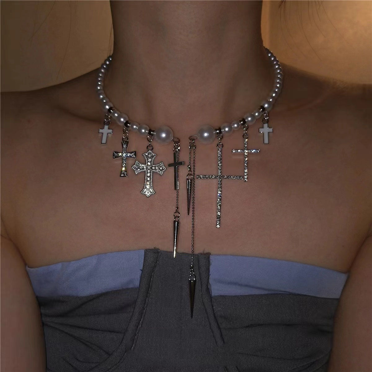 Trendy Cross Rivet Tassel Pearl Beaded High-end Luxury Necklace Secondary image