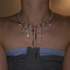 Trendy Cross Rivet Tassel Pearl Beaded High-End Luxury Necklace Silvre Halloween