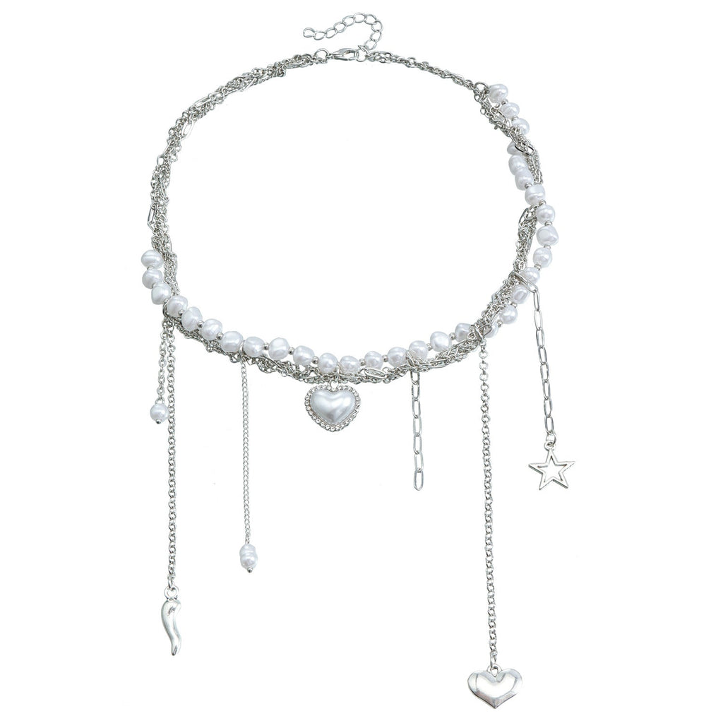 Multi-Layer Heart Tassel Pearl Star Pendant Necklace Steel Halloween