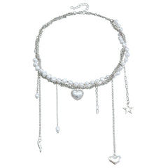 Multi-Layer Heart Tassel Pearl Star Pendant Necklace Steel Halloween