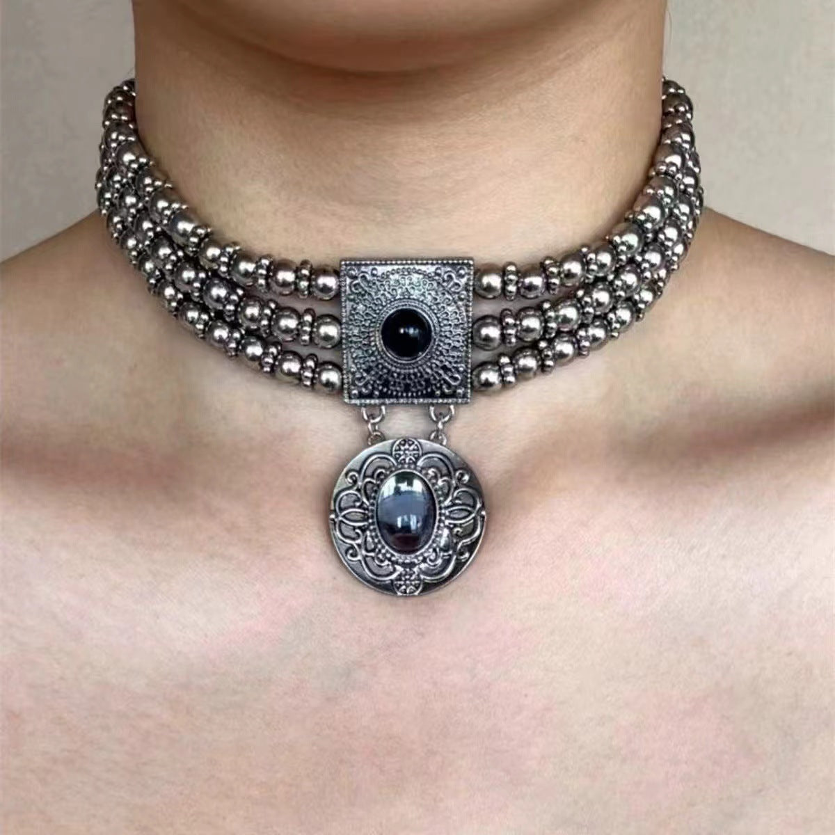 American Vintage Layered Titanium Steel Choker Necklace Halloween Main image