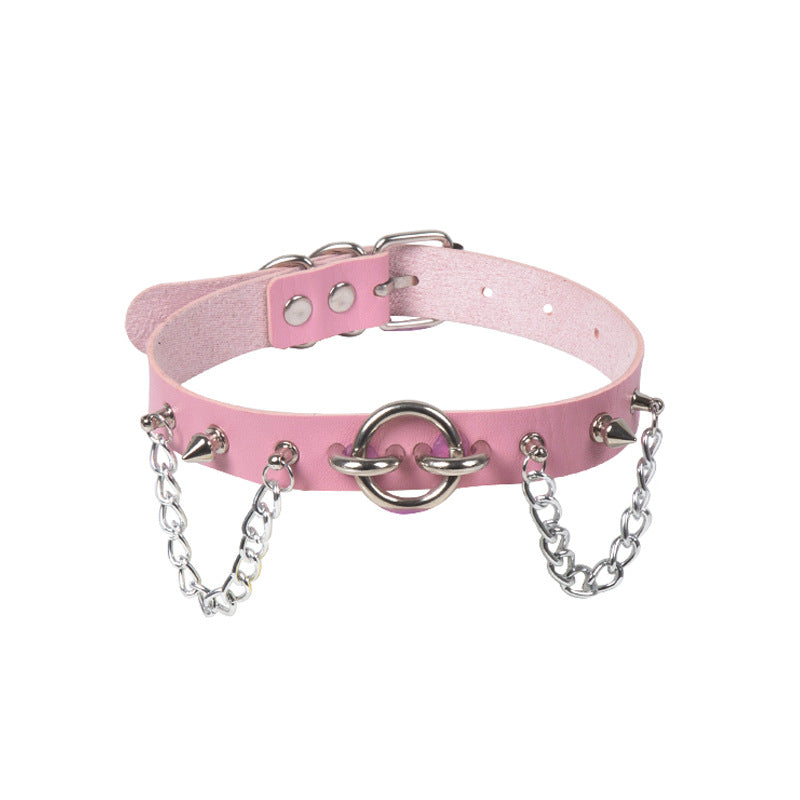 Personality O-Ring Rivet Chain Pu Necklace Pink Halloween
