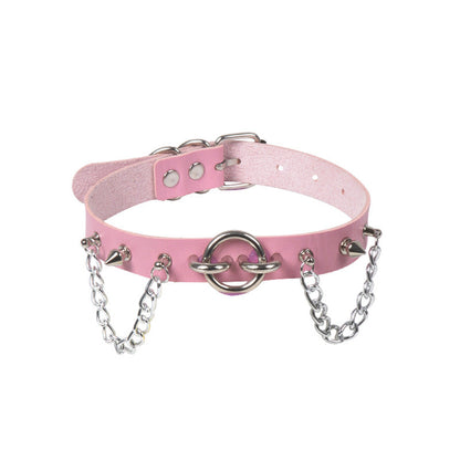 Personality O-Ring Rivet Chain Pu Necklace Pink Halloween