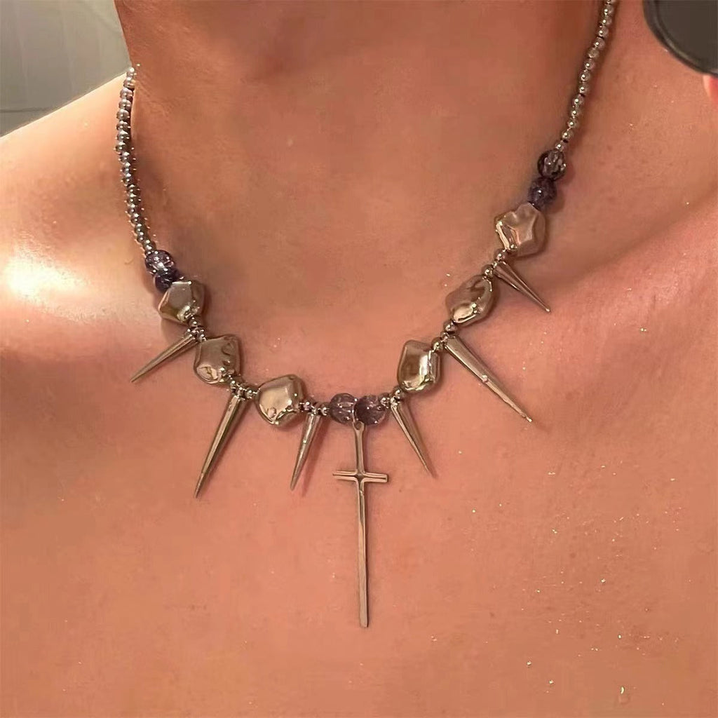 Punk Rivet Cross Titanium Steel Hip-Hop Sweet Cool Tassel Necklace Gold Halloween
