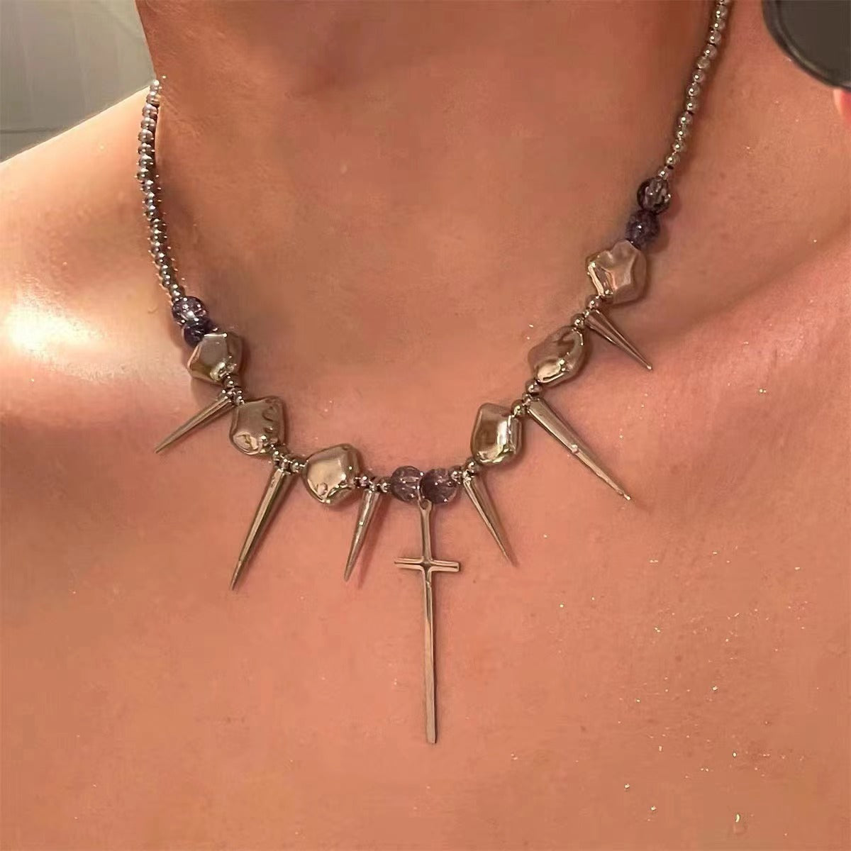 Punk Rivet Cross Titanium Steel Hip-Hop Sweet Cool Tassel Necklace Gold Halloween