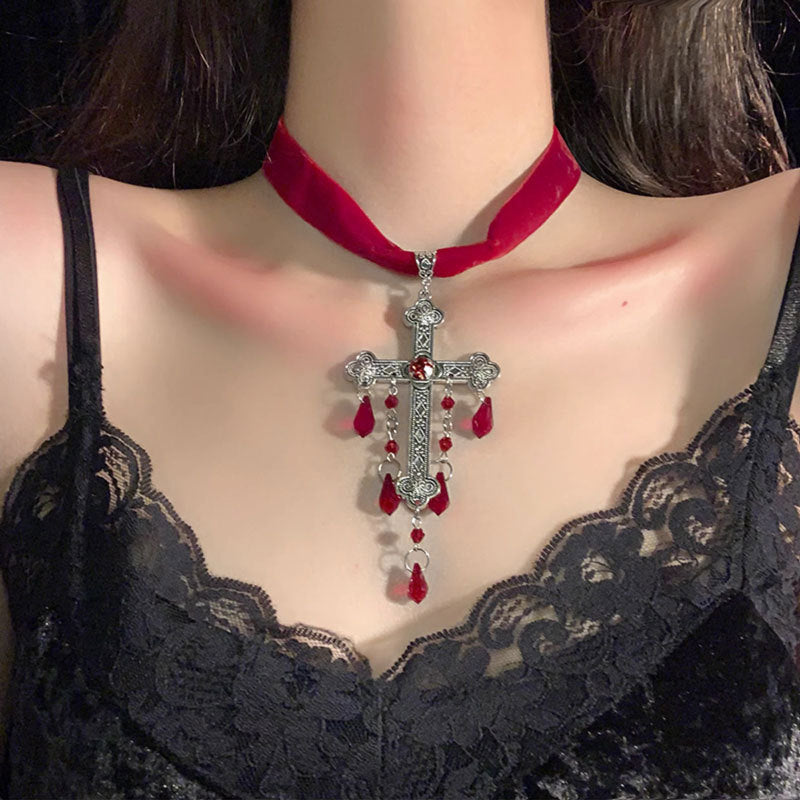 Gothic Cross Blood Drop Tassel Red Velvet Unique Necklace Halloween
