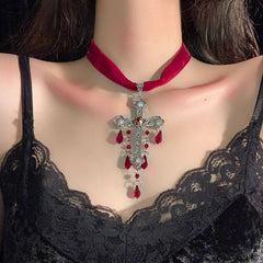 Gothic Cross Blood Drop Tassel Red Velvet Unique Necklace Halloween