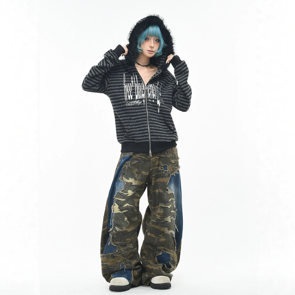GothicPunkBlack and Grey Striped Cropped Hoodie