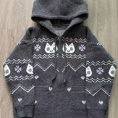 Cat Intarsia Hooded Zip Sweater Coat